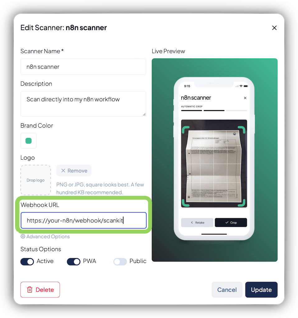 Connecting your scanner to n8n via webhook URL in ScanKit
