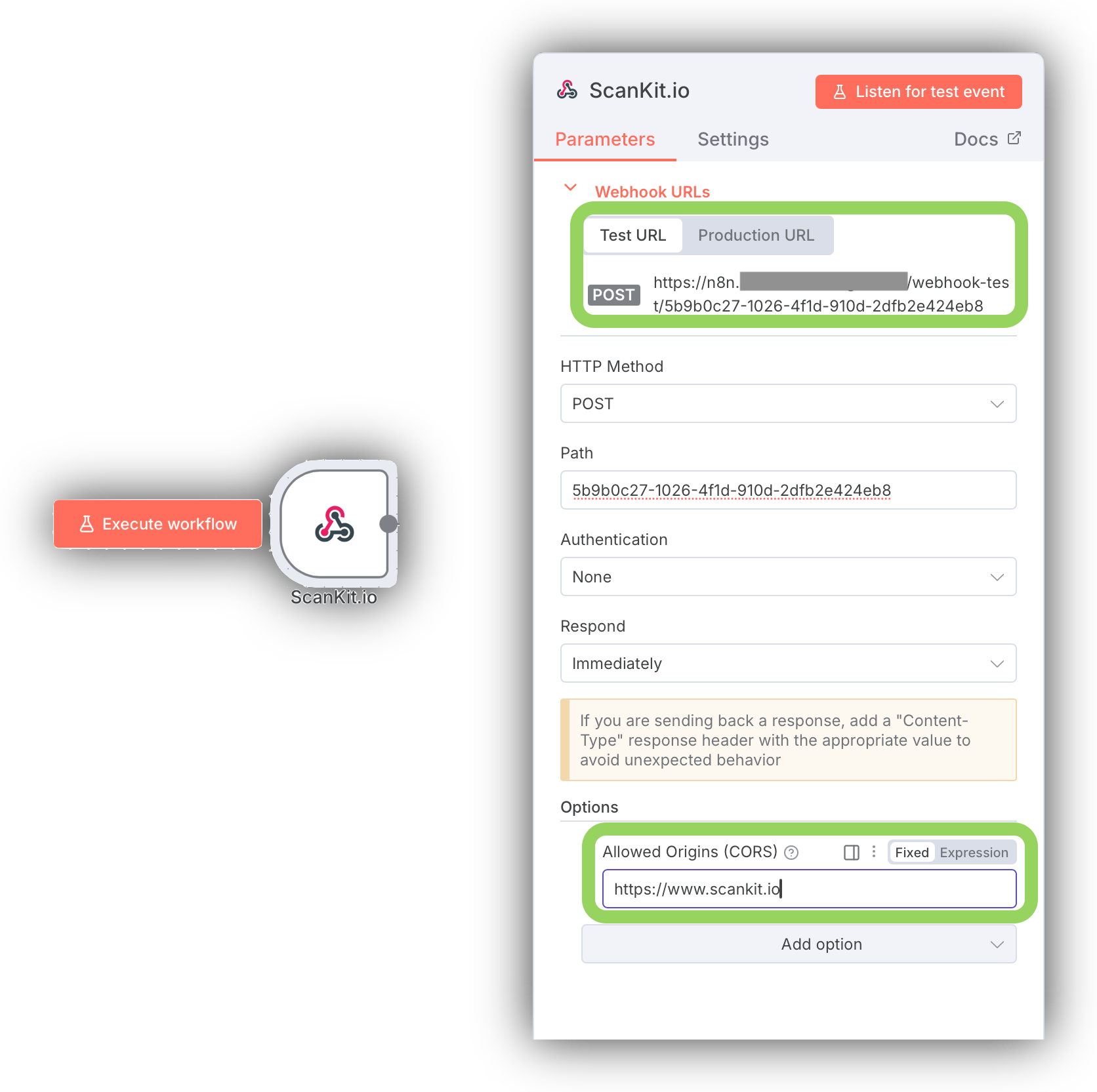 Configuring the webhook node in n8n. The Webhook URL and Allowed Origins (CORS) fields are highlighted.